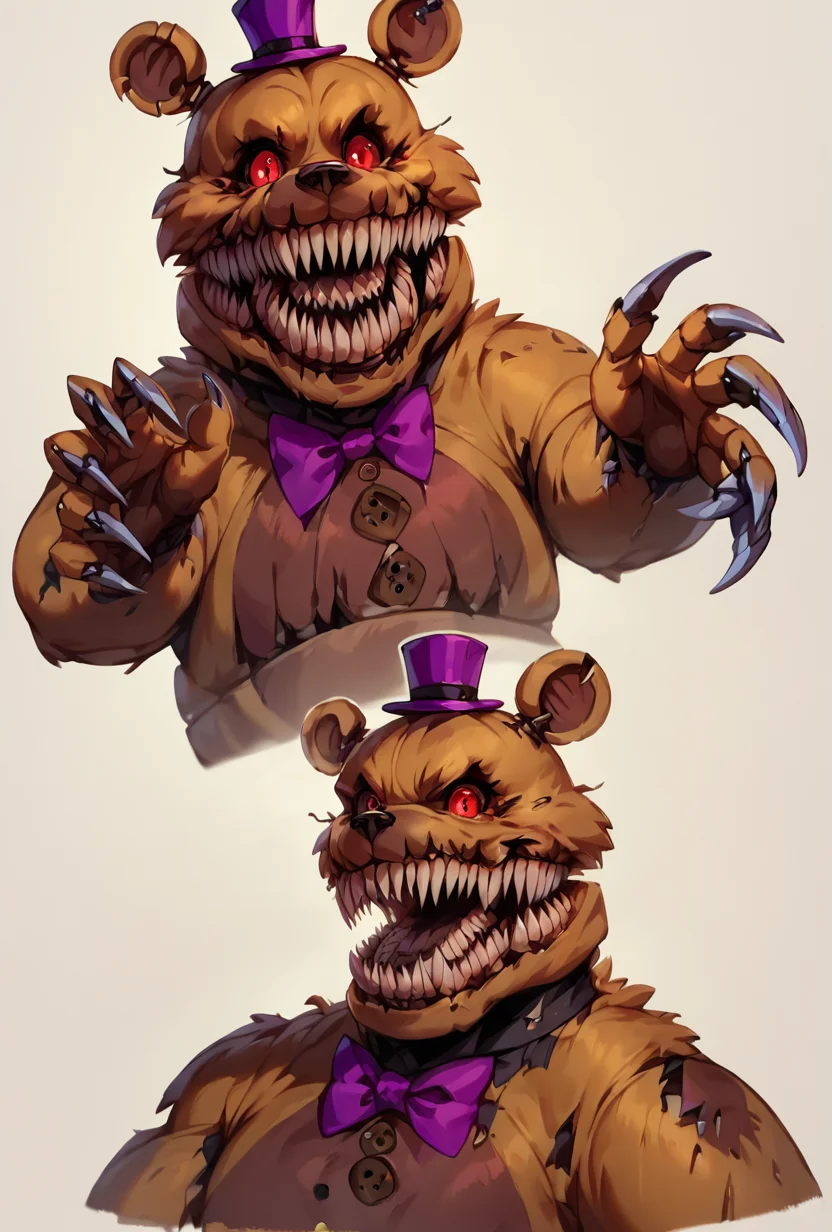 score_9, score_8_up, score_7_up,, good quality ,, character focus, solo, , best quality , detailed background, <lora:fredmare-04:1> fredmare, purple top hat, , teeth, no humans, purple bowtie, sharp teeth, claws, red eyes, bear, mini hat, , simple <lora:concept:1> conceptart, multiple views, white background, simple background