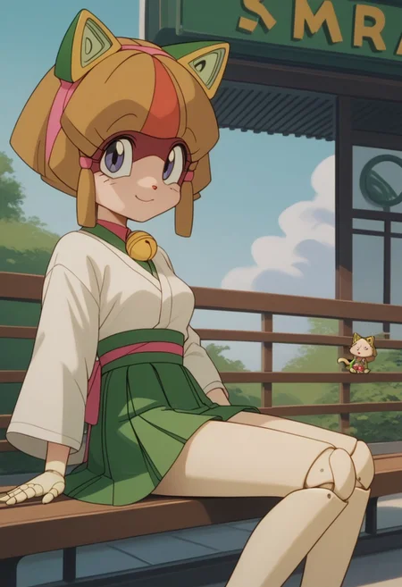 1girl, solo, (Otama, cat girl, two-tone fur, ((android)), doll joints, petite), score_9, score_8_up, score_7_up, score_6_up, score_5_up, score_4_up, (beautiful summer Park background:1,5), sitting on bench, chibi, short legs, cat tall, looking at viewer, 3/4 side view, slightly smile, hands on knees, short green kimono, green mini skirt, medium breasts,