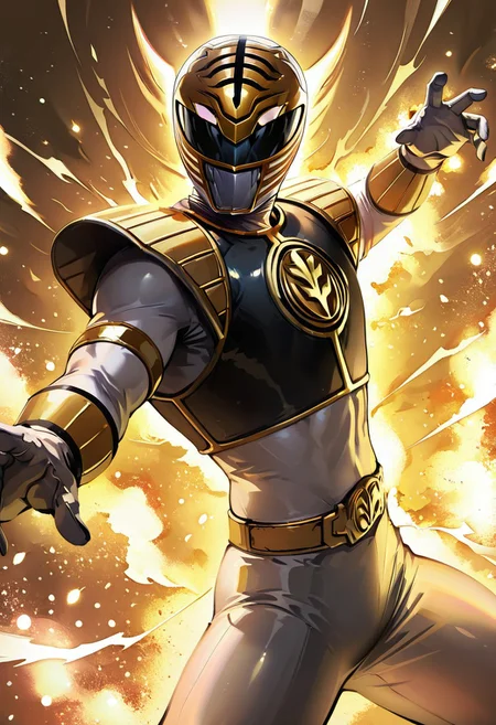 masterpiece, best quality, zzWhiteRanger, helmet, 1boy, cowboy shot, standing, armlet, glowing background, golden particles, dynamic angle, powerful pose, cinematic atmosphere, tokusatsu , <lora:WhiteRangerIXL:1.0>,