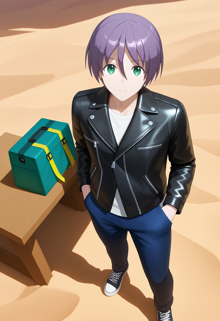 masterpiece, best quality, , (3d:0.4), looking at viewer, 1boy, solo, male focus, <lora:nasa_yuzaki_ilxl:0.96>, nasa_yuzaki, purple hair, green eyes, short hair, hair between eyes, , desert workshop, sand forges, sun anvils, crafting stations, working pose, focused expression, noon, Work pants, Velvet Leather jacket, Suede sneakers, , and andFishing Tackle Bag