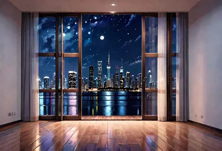 ((((front view)))), Shallow scene, ((animation style)), (((City high-rise building scenery))), ((((City scenery outside the window)))), ((sense of mystery)), (night), starry sky, moonlight, (weak light), (Facing the window), (open window), modern-style interior, Wooden floor, with white walls, (large windows), a living room, ((sofa and coffee table by the window sill)), (((Sofa placed horizontally))), (Behind the sofa is the window sill),