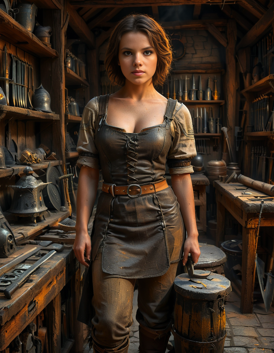 looking at viewer,(A strong and elegant female,1girl,short brown hair,medium breasts:1.3), blacksmith standing confidently in her medieval forge shop,medieval f0rg3 sh0p. She has a determined expression on her face, with soot and ash lightly marking her skin. She is wearing a thick leather apron with scorch marks, a rolled-up linen shirt underneath, and sturdy boots. Her muscular arms are visible, showing the strength of her craft. The background shows a dimly lit, rustic workshop filled with medieval tools: an anvil, a glowing furnace, hanging tongs, and shelves lined with metallic objects like swords and horseshoes. The warm orange glow of the fire contrasts beautifully with the dark, shadowy corners of the shop. The atmosphere is filled with details of realism, evoking a sense of hard work and medieval craftsmanship.<lora:SDXLFaeTastic2400:0.4> <lora:extremely_detailed:0.4> extremely detailed, <lora:medieval_f0rg3_sh0p:1>, Masterpiece,best quality,hi res,8k,hi res,8k,award winning,(sharp focus, intricate, highly detailed),