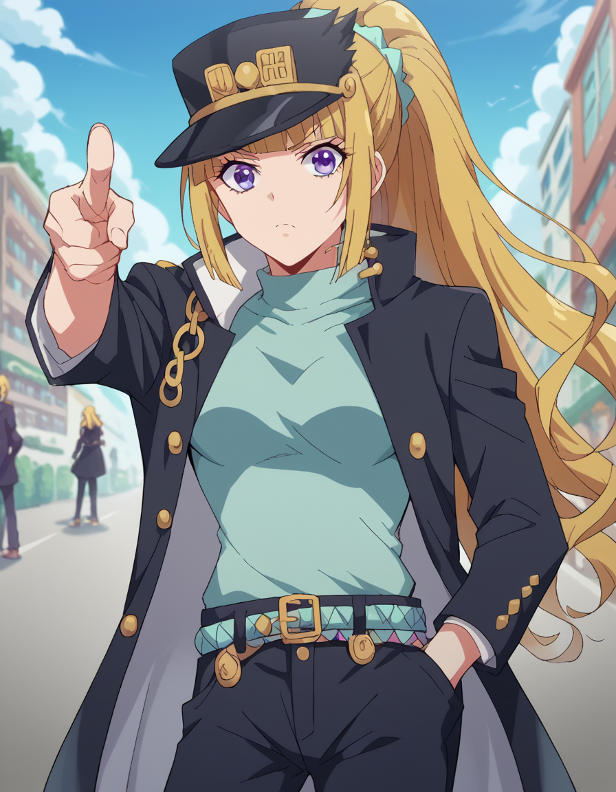 score_9, score_8_up, score_7_up, source_anime, keikaruizawa, <lora:kei-karuizawa-anime-s2-ponyxl-lora-nochekaiser:1>, kei karuizawa, long hair, bangs, blunt bangs, purple eyes, blonde hair, hair ornament, ponytail, scrunchie, blue scrunchie, medium breasts,, <lora:kujo-jotaro-cosplay-ponyxl-lora-nochekaiser:1>, kujo jotaro cosplay, kujo jotaro (cosplay), gakuran, cosplay, belt, black headwear, black jacket, black pants, high collar, multiple belts, pants, shirt,, street, jojo pose, pointing, hand in pocket, cowboy shot, looking at viewer,