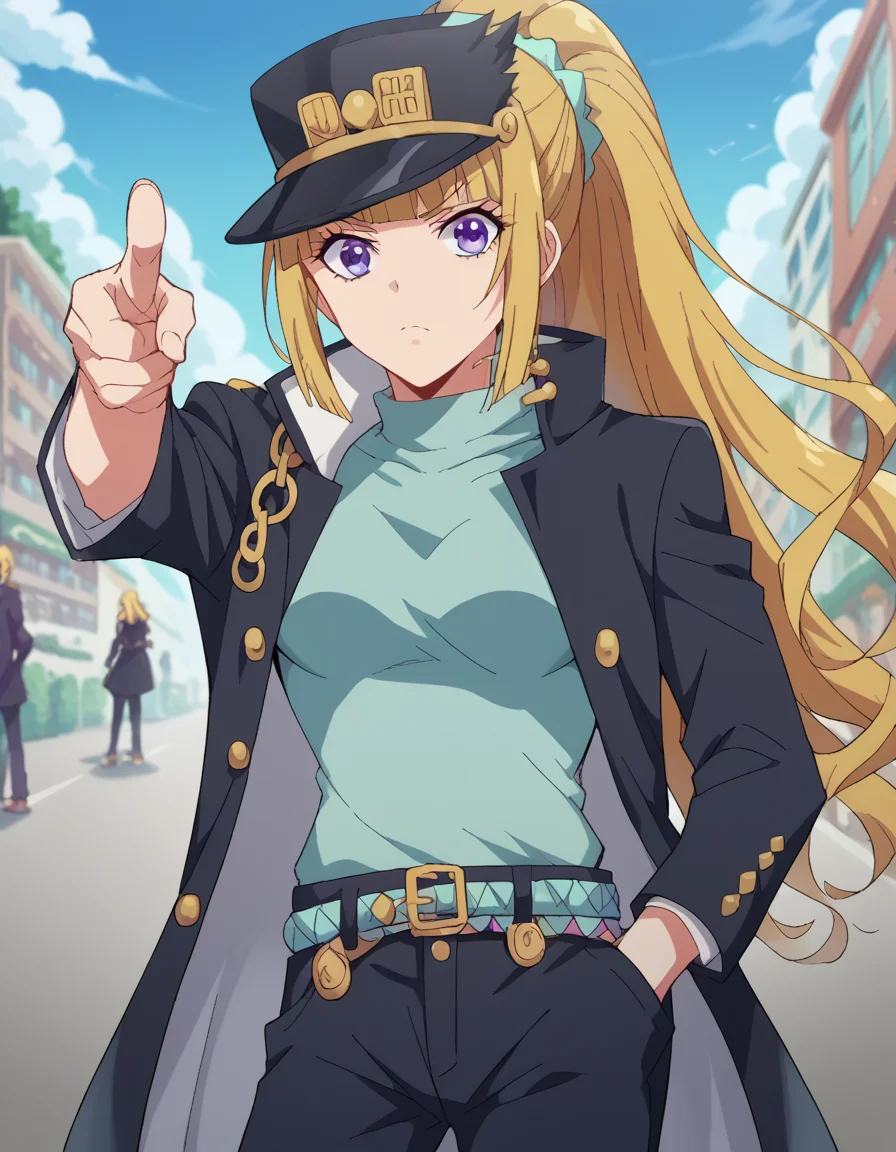 score_9, score_8_up, score_7_up, source_anime, keikaruizawa, <lora:kei-karuizawa-anime-s2-ponyxl-lora-nochekaiser:1>, kei karuizawa, long hair, bangs, blunt bangs, purple eyes, blonde hair, hair ornament, ponytail, scrunchie, blue scrunchie, medium breasts,, <lora:kujo-jotaro-cosplay-ponyxl-lora-nochekaiser:1>, kujo jotaro cosplay, kujo jotaro (cosplay), gakuran, cosplay, belt, black headwear, black jacket, black pants, high collar, multiple belts, pants, shirt,, street, jojo pose, pointing, hand in pocket, cowboy shot, looking at viewer,