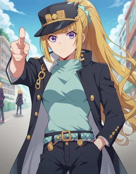 score_9, score_8_up, score_7_up, source_anime, keikaruizawa, <lora:kei-karuizawa-anime-s2-ponyxl-lora-nochekaiser:1>, kei karuizawa, long hair, bangs, blunt bangs, purple eyes, blonde hair, hair ornament, ponytail, scrunchie, blue scrunchie, medium breasts,, <lora:kujo-jotaro-cosplay-ponyxl-lora-nochekaiser:1>, kujo jotaro cosplay, kujo jotaro (cosplay), gakuran, cosplay, belt, black headwear, black jacket, black pants, high collar, multiple belts, pants, shirt,, street, jojo pose, pointing, hand in pocket, cowboy shot, looking at viewer,