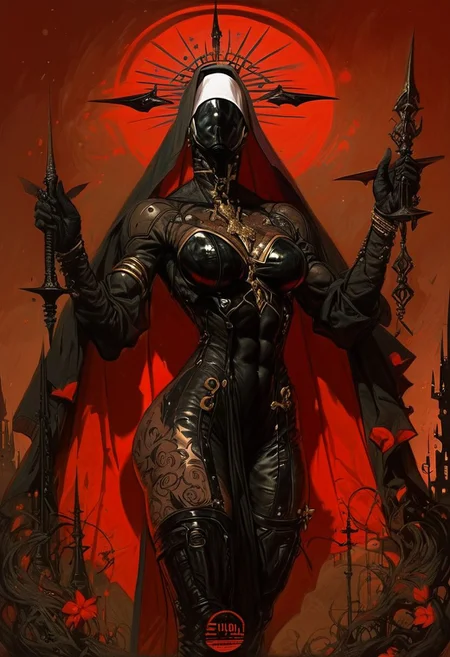 ((score_9, score_8_up, score_7_up)), (((character design, sci-fi warrior women, feminine power, perfect anatomy))),
An enigmatic figure of a (satanic)nun(caucasian), her (dark habit_catsuit covers all her skin), conducting a sensual satanic ritual inside a dark cathedral during night under a red eclipse. Her (eyeless)mask, elaborate crown, (fully)conceals her identity, adding to her mystique and allure. gold stiletto platform thigh boots, big breasts, tiny waist, flat abs, naughty, looking at viewer, seducing with her body, dancing towards viewer with her arms posing, sexy ass seductive wide hips, butt cheeks, twerk, huge perky breasts, in the style of a vintage, high-contrast setting. Emphasize theatrical elements with extreme opposition of bright colors against dark, moody backgrounds, under a dark red sky
,big butt, booty, bubble butt, <lora:add-detail-xl:2>