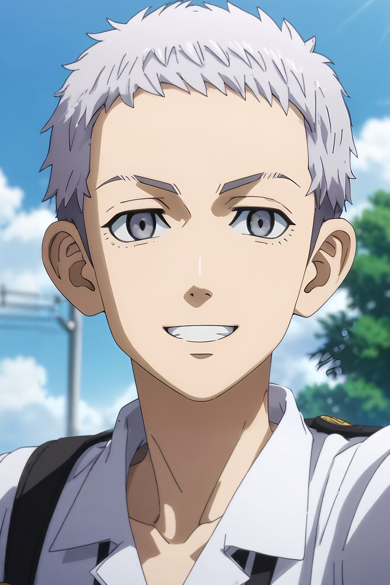 score_9, score_8_up, score_7_up, source_anime, rating_safe, , (3d:0.4), , depth of field, 1boy, solo, male focus, <lora:takashi_mitsuya_pony:0.88>, takashi_mitsuya, grey hair, grey eyes, short hair, upper body, school, midnight, outstretched arms, smile, ,, <lora:sdxl_lightning_8step_lora:1>