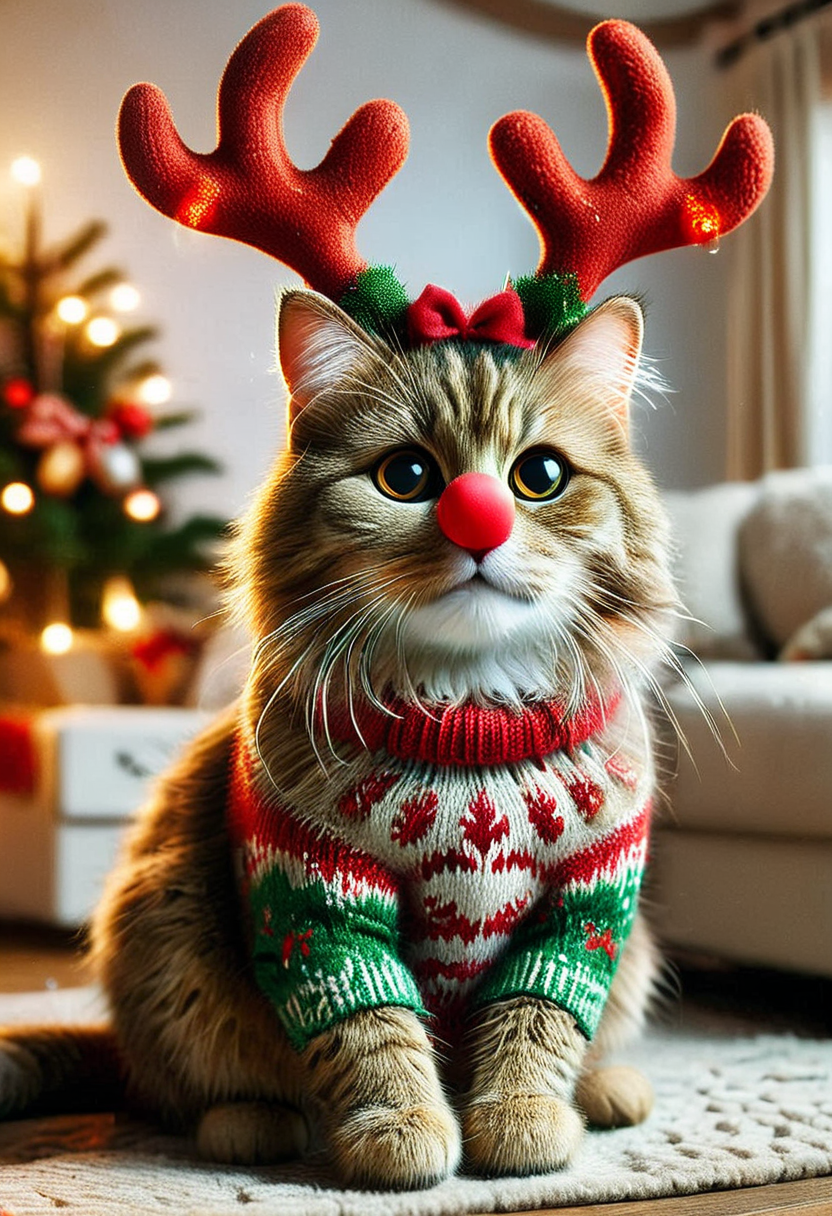 RUD0LPH1, medium full shot of a cat RUD0LPH1, antlers, glowing plastic nose, wearing a ChristmasSweater
smiling, set in a living room, christmas tree, , realistic, raw photo, masterpiece, dynamic, best quality