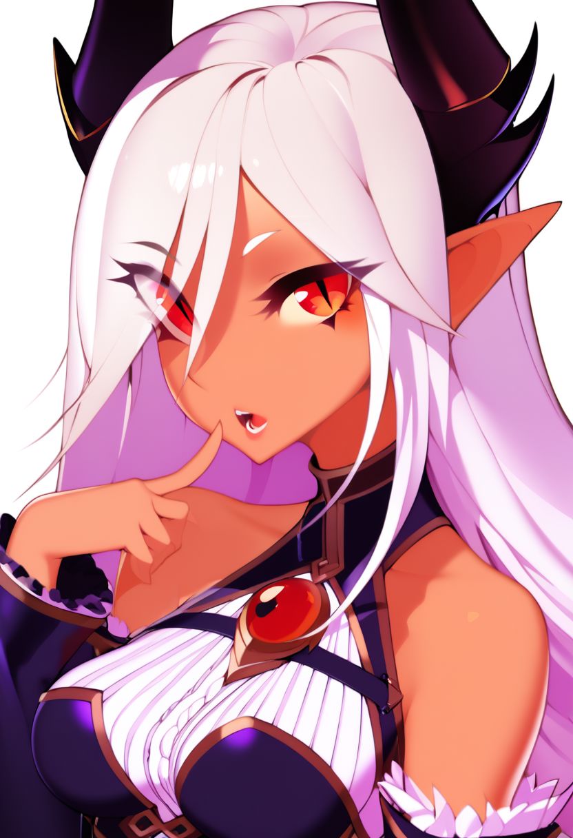 score_9, score_8_up, score_8, medium breasts, (curvy), cute, eyelashes,     
BREAK,
1girl, bare shoulders, breasts, cropped torso, demon girl, demon horns, detached sleeves, eyes visible through hair, finger to mouth, halphelt, hand up, horns, ilassa (elh), lilim (monster girl encyclopedia), long hair, long sleeves, looking at viewer, medium breasts, monster girl encyclopedia, open mouth, original, pointy ears, red eyes, simple background, slit pupils, solo, underbust, upper body, white background, white hair,
zPDXL,