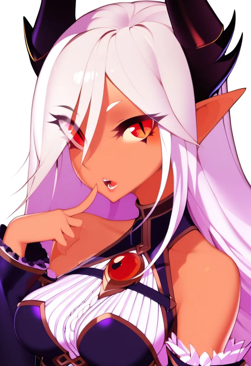 score_9, score_8_up, score_8, medium breasts, (curvy), cute, eyelashes,     
BREAK,
1girl, bare shoulders, breasts, cropped torso, demon girl, demon horns, detached sleeves, eyes visible through hair, finger to mouth, halphelt, hand up, horns, ilassa (elh), lilim (monster girl encyclopedia), long hair, long sleeves, looking at viewer, medium breasts, monster girl encyclopedia, open mouth, original, pointy ears, red eyes, simple background, slit pupils, solo, underbust, upper body, white background, white hair,
zPDXL,