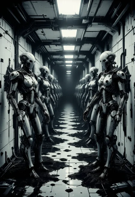 (Dark sci-fi horror corridor, stretching from left to right, with rows of deformed robots standing eerily like mannequins from Silent Hill. Each robot is slightly damaged, with missing parts and unsettling poses, while their bodies remain still, they have all turned their heads towards the viewer, staring intently, with pitch-black blood like tar flowing from their eyes, cracked or fractured heads and limbs, casting eerie shadows on the white, cracked walls and black marble floor. The atmosphere is haunting, with dim, cold lighting that enhances the sense of dread, creating a surreal, unnerving corridor scene. Rendered in hyper-realistic detail, the image is smooth and sharp, with every element captured with crystal-clear precision and lifelike clarity. highly detailed, ultra detailed),  <lora: - Flux1 - vanta_black_V1.0:0.5>,  <lora:ck-nc-pastel-cyberpunk:0.6>,  <lora:Neon_Noir_FLUX:0.5>,  <lora:scifi-robot-flux:0.7>,  <lora:abelè¡é­æ³f.1:0.5>,  <lora:Realistic_Horror_Flux_10-000001:0.5>,  <lora:aidmaHyperRealismV0.2:0.5>, <lora:HORROR_lora.TA_trained:0.5>