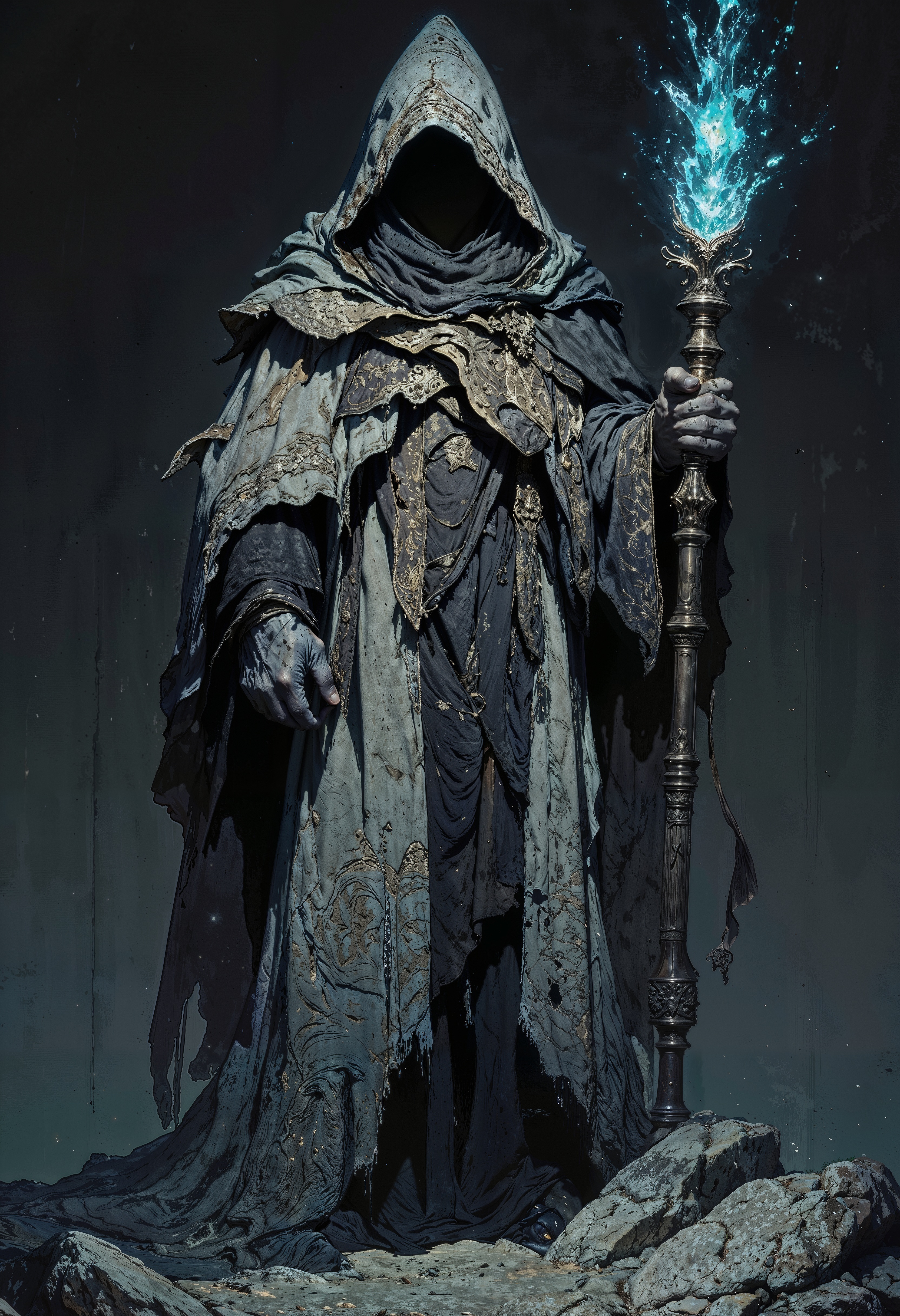 a mysterious wizard figure. The character is cloaked in a flowing, tattered robe with intricate patterns, predominantly in shades of gray and black, creating a dramatic contrast against the dark background. The wizard's face is obscured by shadow, adding to the enigmatic aura. A large, pointed hat with a wide brim sits atop the figure's head, casting further shadows. The wizard holds a tall, ornate staff adorned with glowing blue crystals, which emit a soft light. Small, luminescent particles float around the figure, enhancing the magical atmosphere. The overall composition is centered, with the wizard standing upright, exuding a sense of power and mystery. The artwork is detailed, with a focus on texture and light, creating a captivating and immersive fantasy scene. <lora:FluxMythG0thicL1nes:0.6> <lora:FluxMythR3alisticF:0.5> <lora:RetroAnimeFluxV1:0.6> <lora:OB半写实肖像画V2.0:0.6>