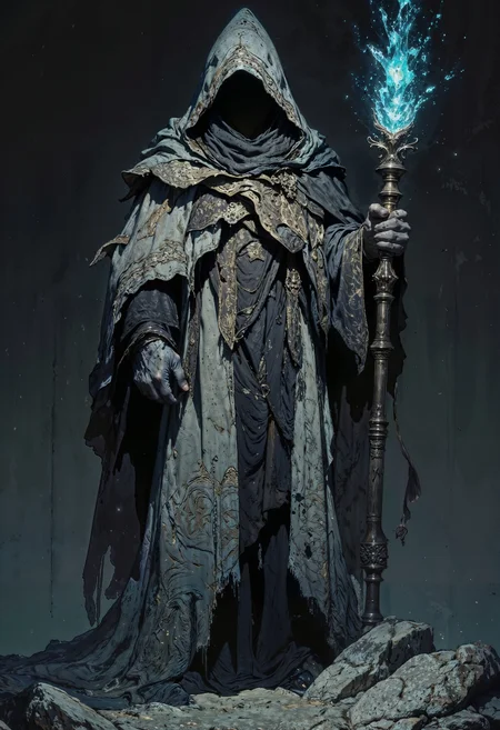 a mysterious wizard figure. The character is cloaked in a flowing, tattered robe with intricate patterns, predominantly in shades of gray and black, creating a dramatic contrast against the dark background. The wizard's face is obscured by shadow, adding to the enigmatic aura. A large, pointed hat with a wide brim sits atop the figure's head, casting further shadows. The wizard holds a tall, ornate staff adorned with glowing blue crystals, which emit a soft light. Small, luminescent particles float around the figure, enhancing the magical atmosphere. The overall composition is centered, with the wizard standing upright, exuding a sense of power and mystery. The artwork is detailed, with a focus on texture and light, creating a captivating and immersive fantasy scene. <lora:FluxMythG0thicL1nes:0.6> <lora:FluxMythR3alisticF:0.5> <lora:RetroAnimeFluxV1:0.6> <lora:OB半写实肖像画V2.0:0.6>