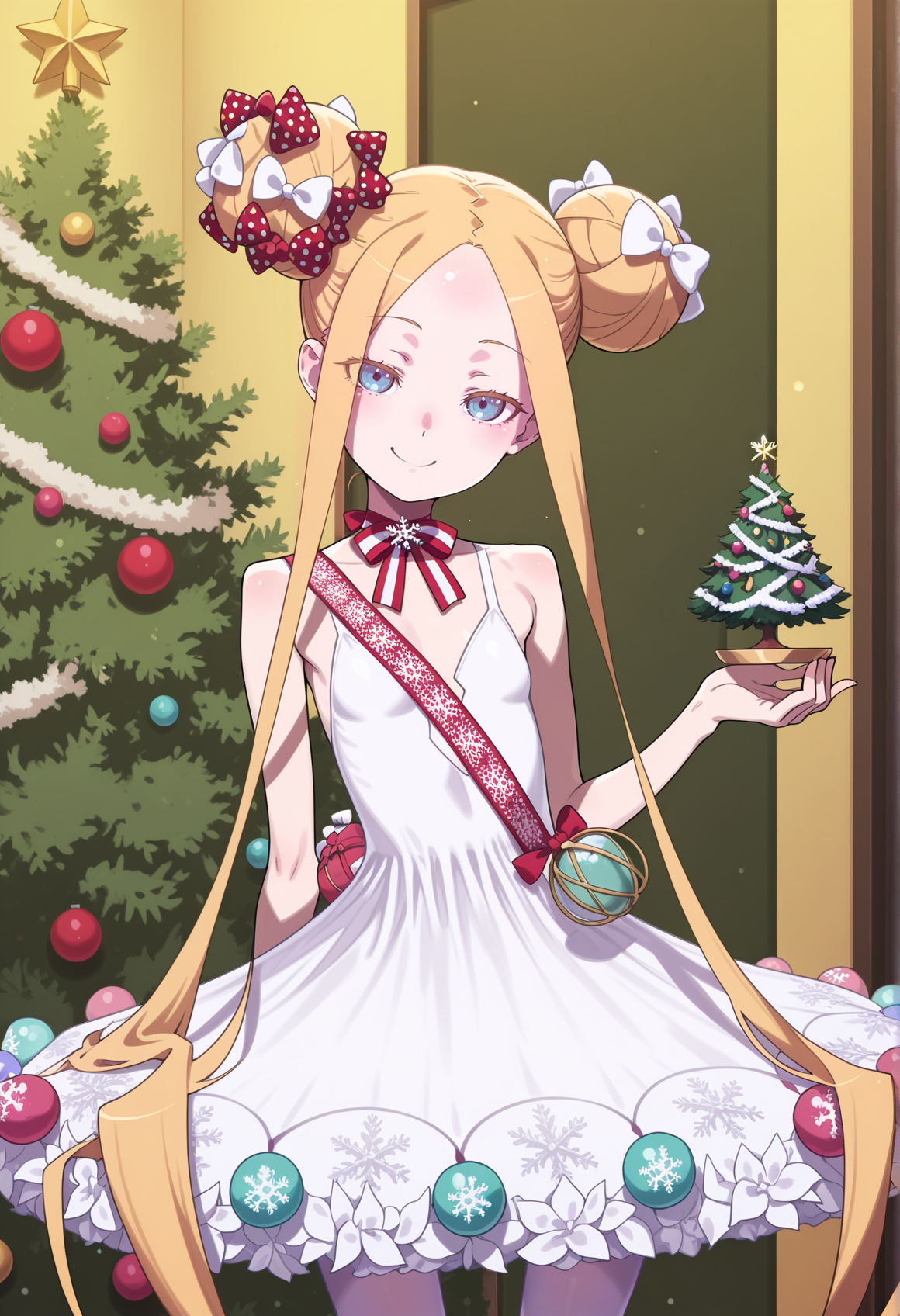 1girl, monogatari \(series\), anime screencap, (kuroboshi kouhaku:0.6), upper body, smile, holding figurine, 1girl, ballerina, absurdly long hair, hair bow, polka dot bow, white bow, red bow, double bun, blonde hair, blue eyes, parted bangs, forehead, neck ribbon, snowflake brooch, short dress, sash, lantern, tutu, white pantyhose, dress flower <lora:Abby_Pretender:0.8> indoors, christmas tree, looking at viewer, head tilt,, masterpiece, best quality, amazing quality, very aesthetic, absurdres, highres, newest