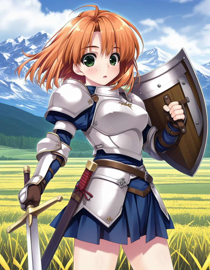 (shintarou), <lora:1_illu_shintarou_14ev2:1>, 1girl, armor, sword and shield, skirt, freckles, orange hair, medium hair, green eyes, field, mountains, (masterpiece, best quality, amazing quality),