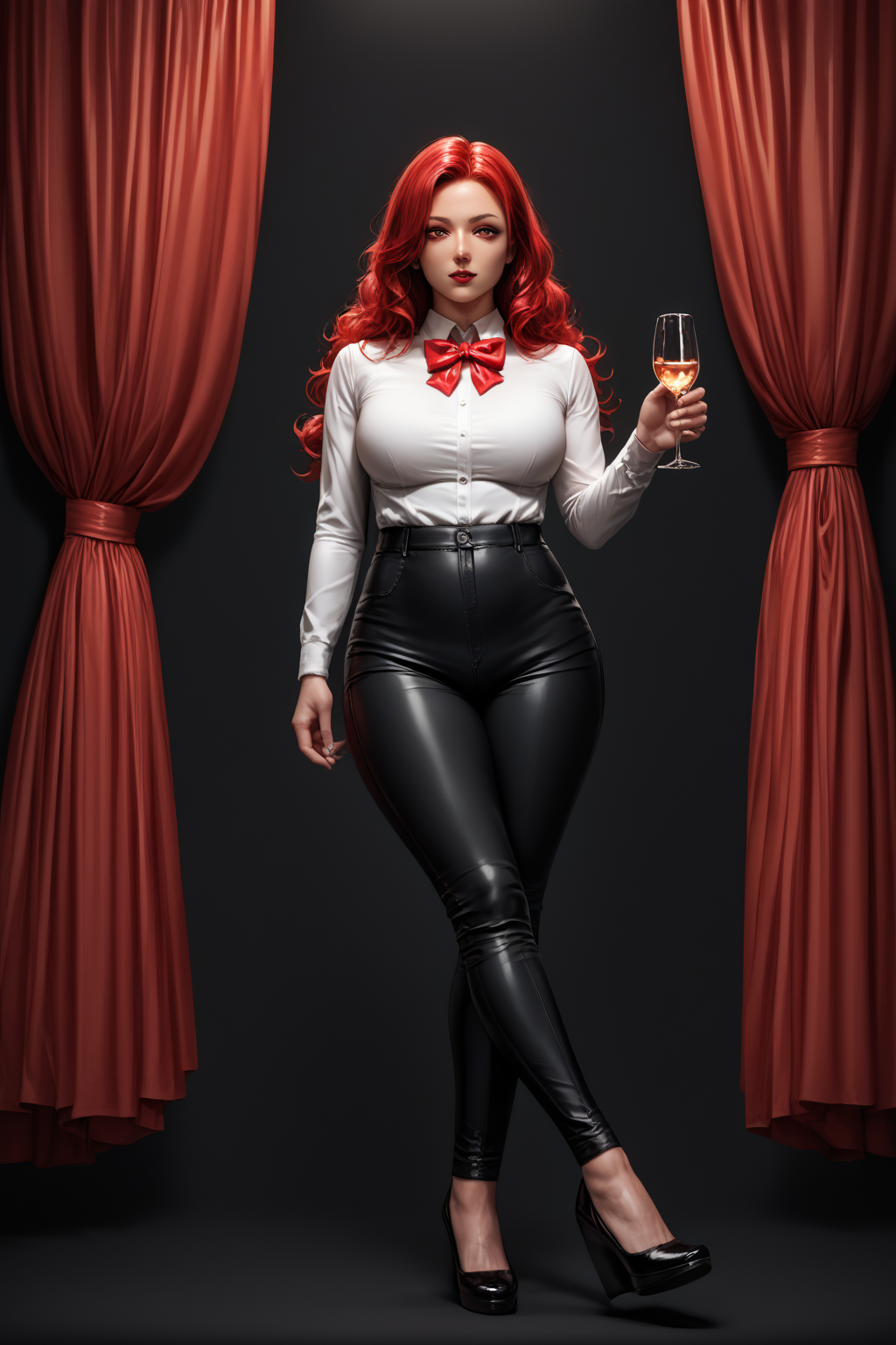 score_9, score_8_up, score_7_up, 1girl, source_anime, detailed, crossed legs, long red hair, wavy hair, white shirt, dress shirt, red bowtie, black pants, mature, holding wine glass, parted hair, Wedge heels, lipstick, red theme, black theme, red curtains, Acrylic wedges, Black footware.