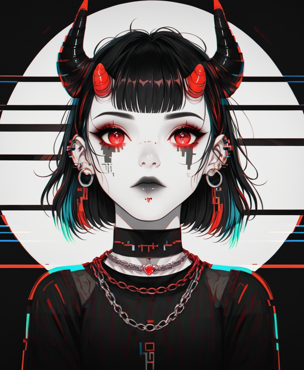 score_9, score_8_up, score_7_up, 
source_anime BREAK ImHigh,
1girl, solo, demon horns, multicolored horns, short hair, messy hair, gradient hair, black hair, neon highlights, glowing eyes, red eyes, gothic outfit, choker, chains, earrings, multiple piercings, dark aesthetic, cyberpunk, glitch effect, moody lighting, detailed clothing, lace, transparent sleeves, high contrast, fantasy theme, anime style, digital art
 ,<lora:Urban_Fantasy_Waifu_pony:1>,