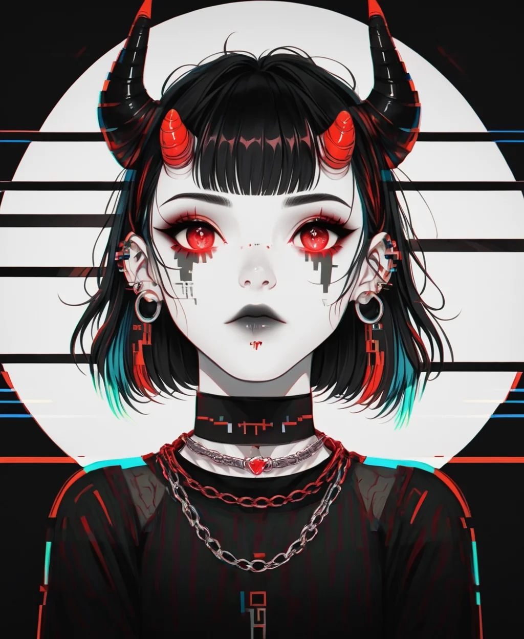 score_9, score_8_up, score_7_up,
source_anime BREAK ImHigh,
1girl, solo, demon horns, multicolored horns, short hair, messy hair, gradient hair, black hair, neon highlights, glowing eyes, red eyes, gothic outfit, choker, chains, earrings, multiple piercings, dark aesthetic, cyberpunk, glitch effect, moody lighting, detailed clothing, lace, transparent sleeves, high contrast, fantasy theme, anime style, digital art
,<lora:Urban_Fantasy_Waifu_pony:1>,