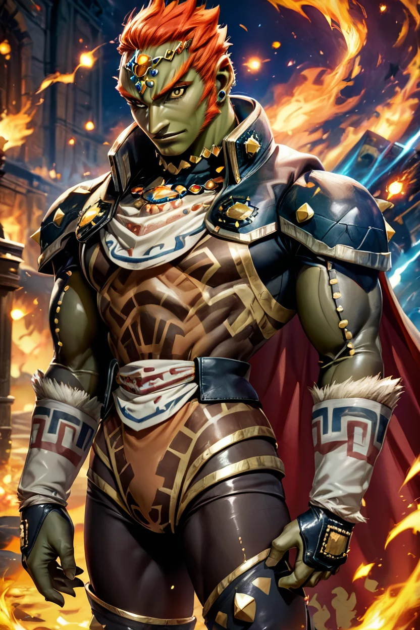 score_9, score_8_up, score_8, BREAK, , ,,, zzGanondorf, 1boy, red hair, dark skin, armor, gloves, jewelry, boots, muscular, shoulder pads, short hair, cape, muscular, fire, aura, <lora:Ganondorf_OoTZelda_PDXL:0.8>, ,,,, BREAK, (ultra realistic,32k, masterpiece:1.2),(high detailed skin:1.1),( high quality:1.1), head tilt, lips, closed mouth, shiny clothes, (upper body), looking at viewer, bokeh, luminescent background, ,,, embedding:zPDXL, Expressiveh, ,,, <lora:RlAnmPDXL:1.0>,