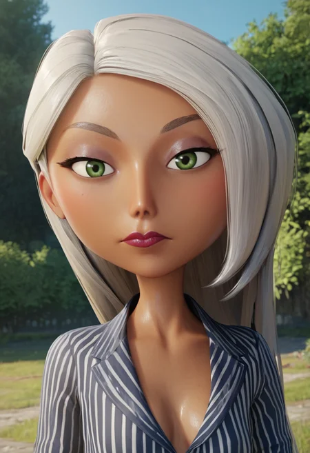 PonyXLV6_Scores,source_anime,masterpiece,best quality, highly detailed, perfect anatomy,amazing quality,3d,video game
BREAK
 <lora:mirage:0.8>mirage, 1girl, solo, green eyes, looking at viewer, long hair, shirt, striped shirt, closed mouth, portrait, striped, grey hair, makeup, lipstick, dark-skinned female, dark skin,outdoors,cowboy shot,