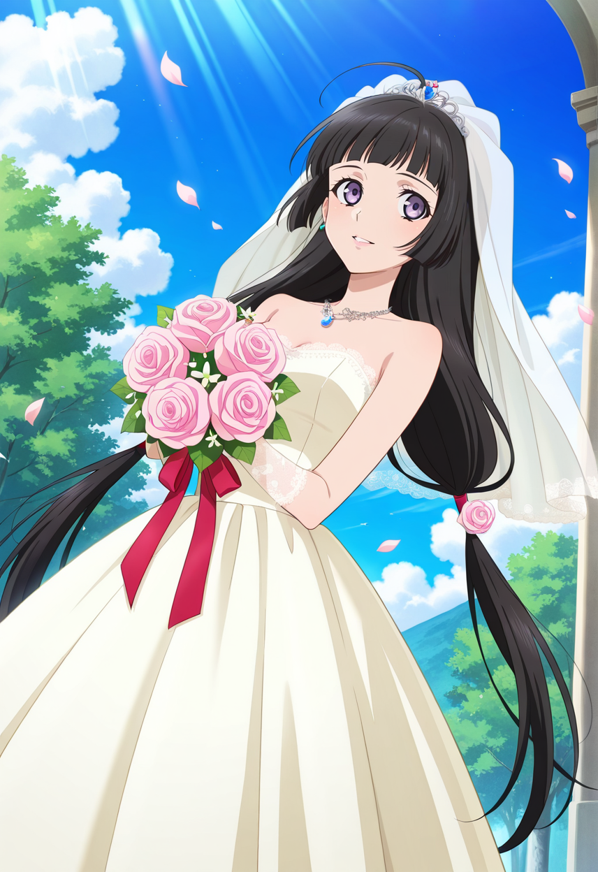 light smile, parted lips, hand on hair, looking sideways, holding bouquet, floating petals,
full body, dynamic angle, 
BREAK,
<lora:kohak_illustriousXL_v03:1>
kohakrnd, black hair, purple eyes, blunt bangs, ahoge, low tied hair, bridal veil, twintails, very long hair, 
kohakwed, lace, wedding dress, sleeveless, bare shoulders, translucent armwear, white gloves, laces, necklace, hair rose,, source_anime, very aesthetic, anime coloring, masterpiece, 
best quality, amazing quality, ultra detailed, very aesthetic, 
detailed background, 
BREAK,, street, trees, clouds, day,