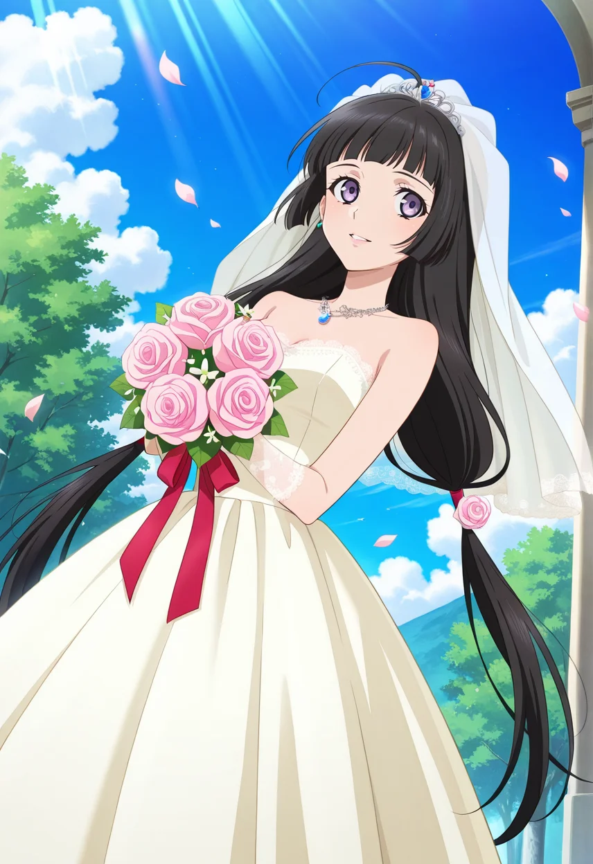 light smile, parted lips, hand on hair, looking sideways, holding bouquet, floating petals,
full body, dynamic angle,
BREAK,
<lora:kohak_illustriousXL_v03:1>
kohakrnd, black hair, purple eyes, blunt bangs, ahoge, low tied hair, bridal veil, twintails, very long hair,
kohakwed, lace, wedding dress, sleeveless, bare shoulders, translucent armwear, white gloves, laces, necklace, hair rose,, source_anime, very aesthetic, anime coloring, masterpiece,
best quality, amazing quality, ultra detailed, very aesthetic,
detailed background,
BREAK,, street, trees, clouds, day,