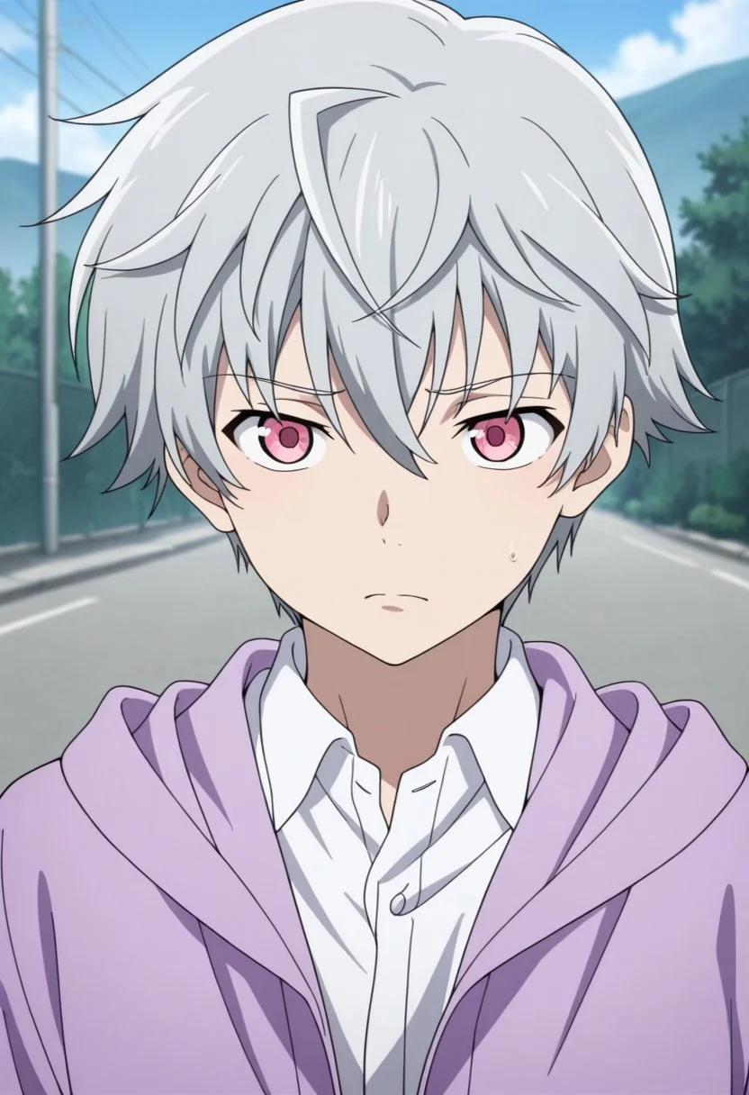 masterpiece,best quality,amazing quality, source_anime, 
aruakise, 1boy, male focus, solo, pink eyes, grey hair, shirt, white shirt, collared shirt, purple jacket, hood, outdoor,