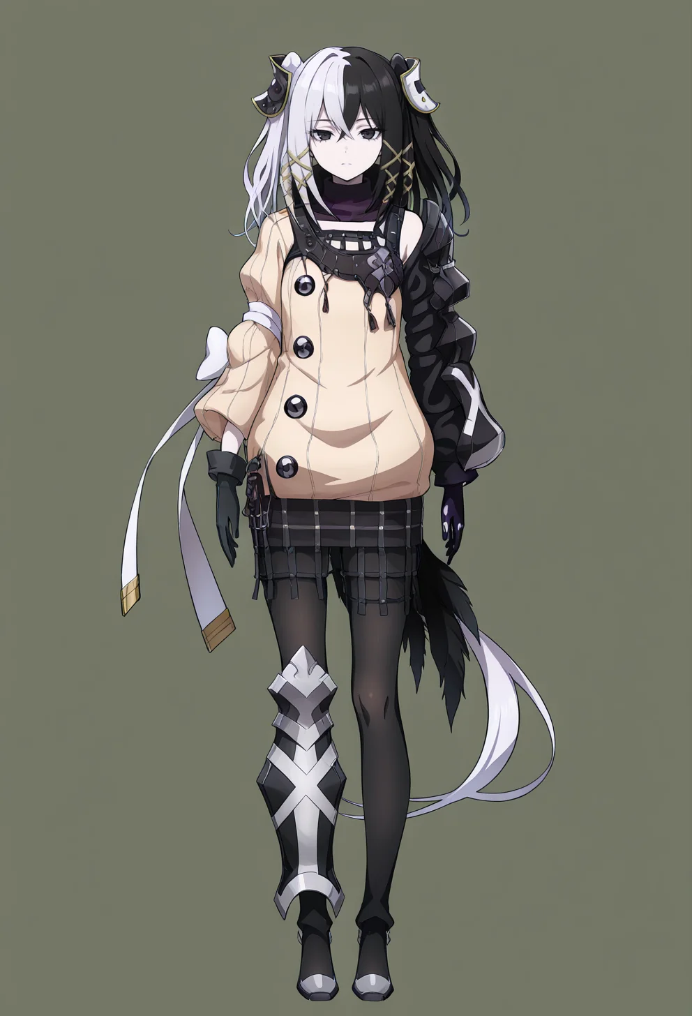 masterpiece, best quality,
1girl, solo, full body,
standing,
looking at viewer, expressionless,
simple background, green background,
<lora:Zesshi_Zetsumei:1> Z3ssh1Z3ts0m31, white hair, multicolored hair, black hair, long hair, two-tone hair, black eyes,
gloves, jewelry, black gloves, hair ornament, skirt, pantyhose, ribbon,