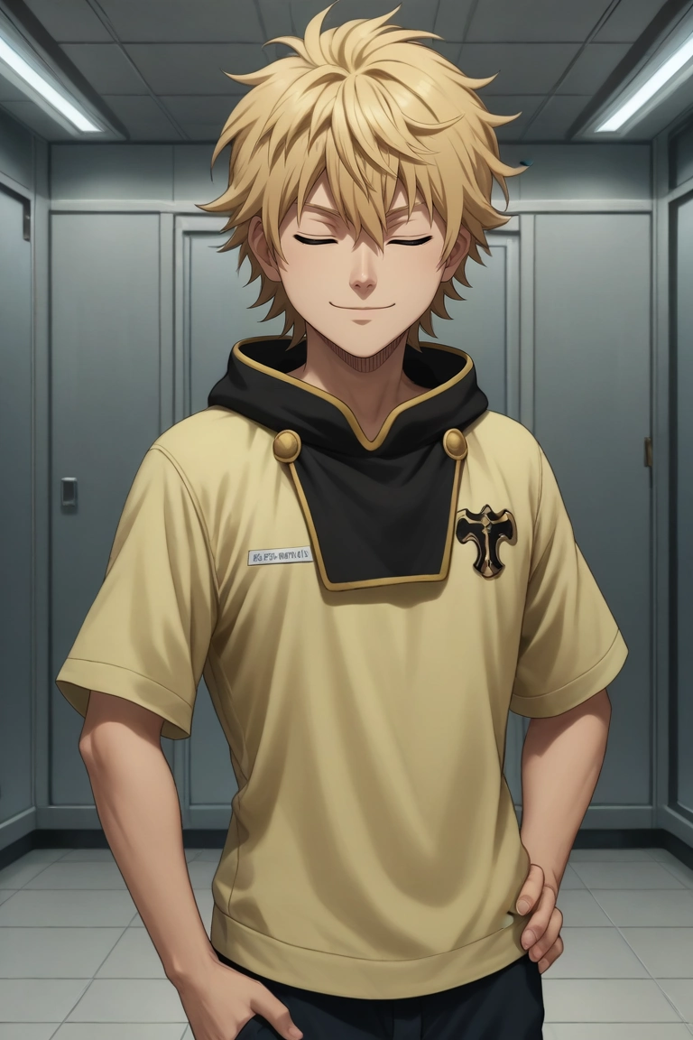score_9, score_8_up, score_7_up, , rating_safe, , (realistic:0.6), looking at viewer, , 1boy, solo, male focus, <lora:luck_voltia_pony:0.92>, luck_voltia, blonde hair, blue eyes, short hair, hair between eyes, symmetry, airport, indoors, hand on hip, (closed eyes:1.2), smile, , <lora:sdxl_lightning_8step_lora:1>