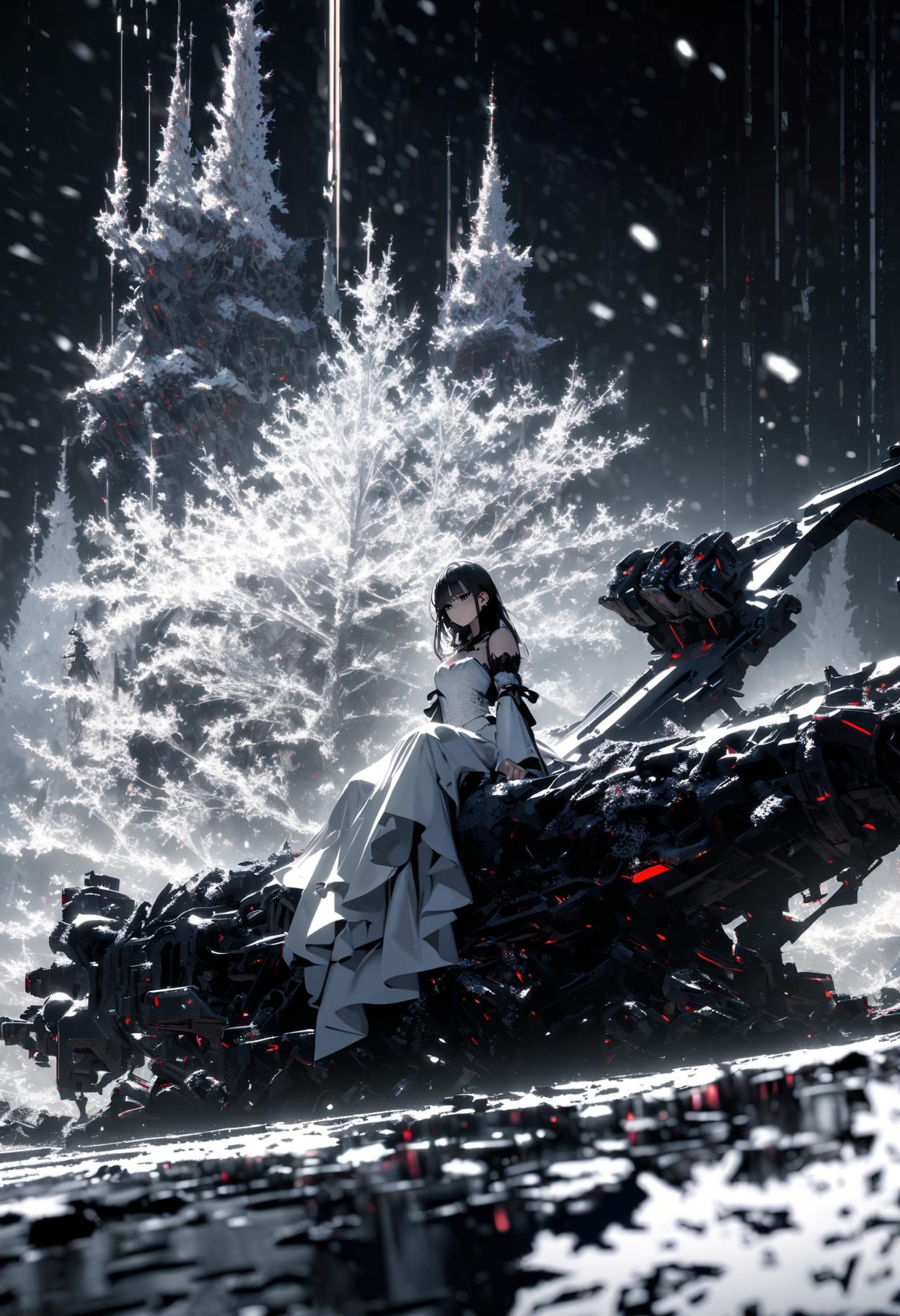 (best quality), [fractal art:0.2] (glitch art:0.8), suspense, gothic, snow white, 1girl, solo, sitting, detached sleeves, machinery tree, mechanical hands,  foreground snowflake, bioluminescent, polarized, hdr, movie still, (white theme, black tone:1.2), (bokeh:1.1), ultra highres, absurdres