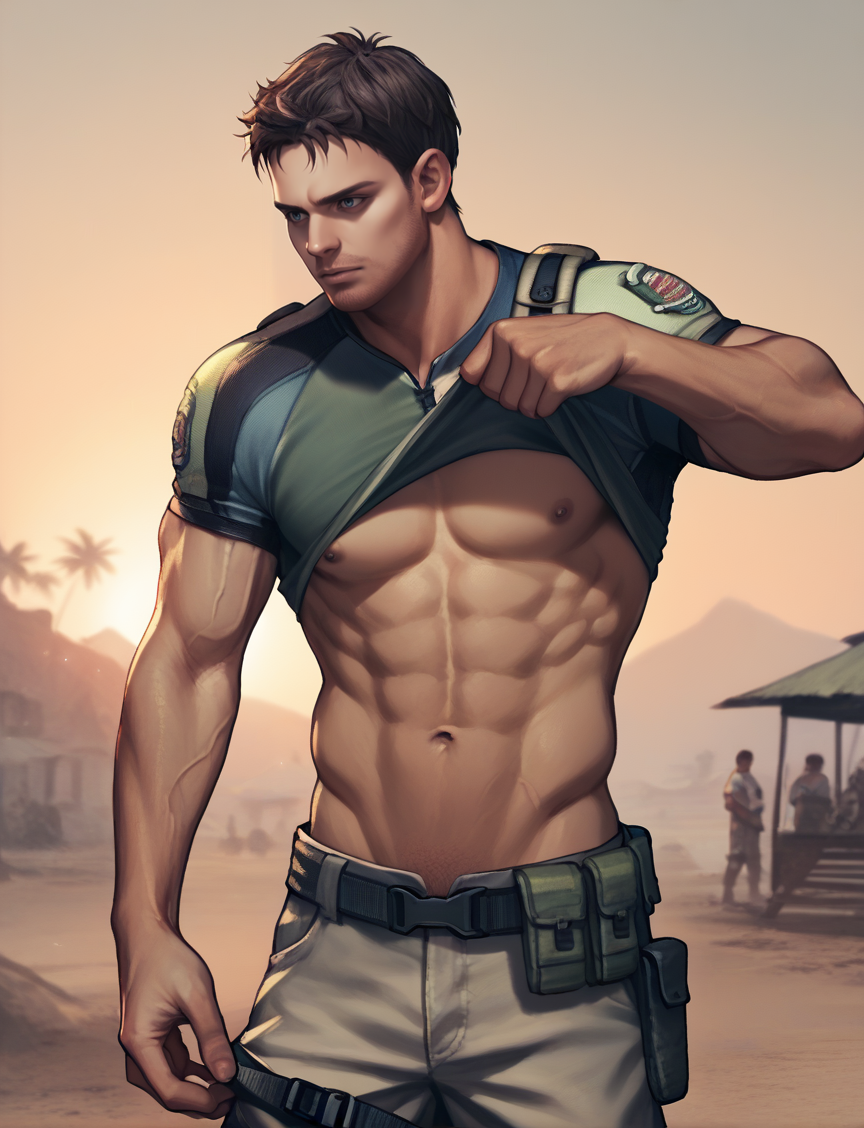 score_9, score_8_up, score_7_up, score_6_up, score_5_up, score_4_up, source_anime, realistic, photoshop \(medium\), <lora:RE5_ChrisSolo_t1-000005-128:1.0> 1boy, Chris Redfield, undressing, pulling shirt, flashing, muscular, solo
, outdoors, africa, sunset, shanty town