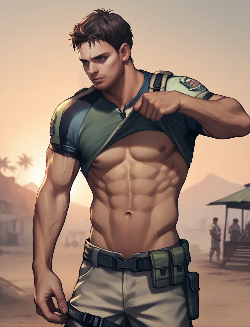 score_9, score_8_up, score_7_up, score_6_up, score_5_up, score_4_up, source_anime, realistic, photoshop \(medium\), <lora:RE5_ChrisSolo_t1-000005-128:1.0> 1boy, Chris Redfield, undressing, pulling shirt, flashing, muscular, solo
, outdoors, africa, sunset, shanty town