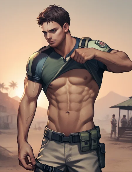 score_9, score_8_up, score_7_up, score_6_up, score_5_up, score_4_up, source_anime, realistic, photoshop \(medium\), <lora:RE5_ChrisSolo_t1-000005-128:1.0> 1boy, Chris Redfield, undressing, pulling shirt, flashing, muscular, solo
, outdoors, africa, sunset, shanty town