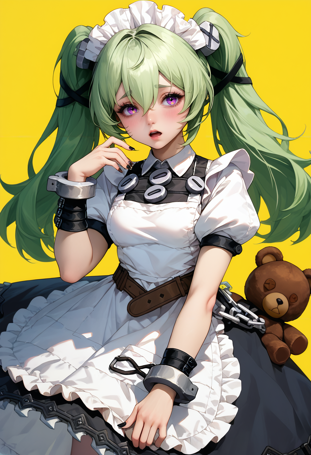 score_9,score_8_up,score_7_up,score_6_up  , <lora:corin_wickes_xl:0.8> corin-wickes-zzz, 1girl, solo, blush, twintails, simple background, maid headdress, apron, long hair, open mouth, cuffs, stuffed animal, maid, stuffed toy, belt, maid apron, hair between eyes, short sleeves, nail polish, teddy bear, looking at viewer, dress, puffy sleeves, bangs,yellow background,