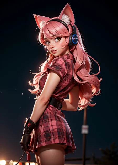 1girl, cat ear headphones, cat ears, dress, gloves, headphones, lips, long hair, pink hair, rain, solo, looking at viewer, bokeh,feet out of frame, from side, head tilt, arms behind back, plaid scarf,
masterpiece, best quality, <lora:epiC35mm:1> epiC35mm <lora:epiCRealismHelper:1>, <lora:contrast_slider_v10:2>
<lora:weight_slider_v2:0.6> <lora:add_sharpness:1.0><lora:add_sharpness:1.0>