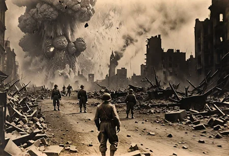 Godzilla, B&W 35mm vintage photo, WW2 picture, destroyed city backdrop,