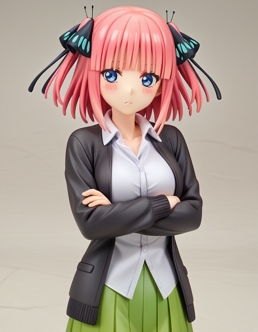 score_9, score_8_up, score_7_up, source_anime,
ninonakano, <lora:nino-nakano-s2-ponyxl-lora-nochekaiser:0.5>, 
nino nakano, short hair, bangs, blue eyes, hair ornament, hair ribbon, pink hair, blunt bangs, two side up, butterfly hair ornament, mature female,
skirt, shirt, long sleeves, white shirt, pleated skirt, open clothes, collared shirt, sleeves past wrists, dress shirt, cardigan, green skirt, open cardigan, black cardigan,
<lora:alter-figurines-ponyxl-lora-nochekaiser:1>, alter figurine, 1girl, blush, crossed arms, solo,
