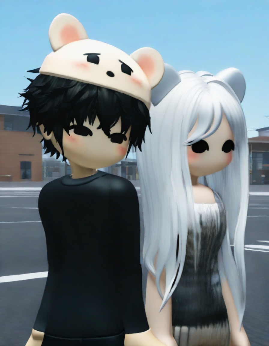 3d,solid circle eyes, black eyes, no mouth, blush, street, 1boy, 1girl, girl:long hair,girl:white hair, boy:short hair, boy:black hair,boy:bear hat, duo, couple, side by side, cowboy shot, masterpiece, best quality, day