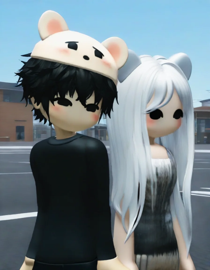 3d,solid circle eyes, black eyes, no mouth, blush, street, 1boy, 1girl, girl:long hair,girl:white hair, boy:short hair, boy:black hair,boy:bear hat, duo, couple, side by side, cowboy shot, masterpiece, best quality, day