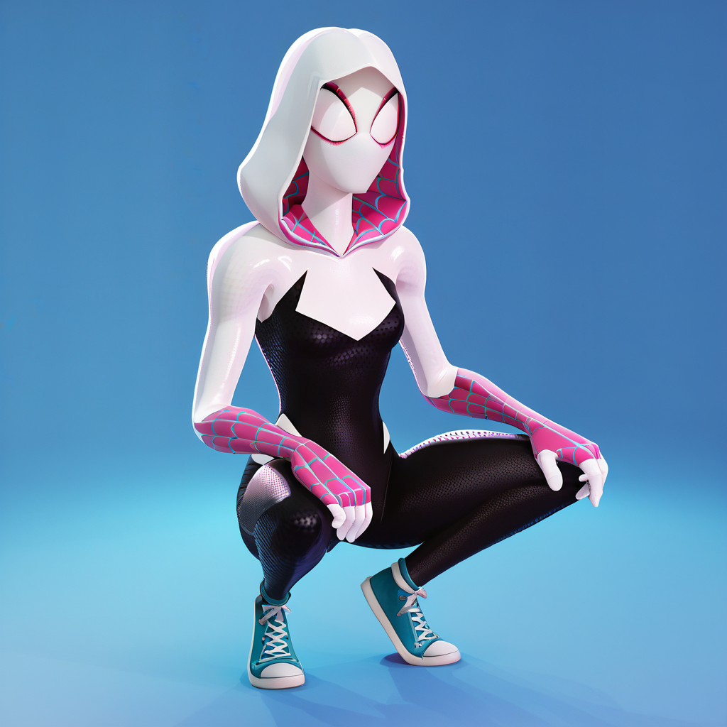 score_9_up, score_8_up, BREAK, spidergwen, 1girl, solo, headwear, mask, hood up, bodysuit, hooded bodysuit, superhero, full body,  blue gradient background,   <lora:SpiderGwen_Fortnite_PXL_Leaf2:1>, 3d, squatting,