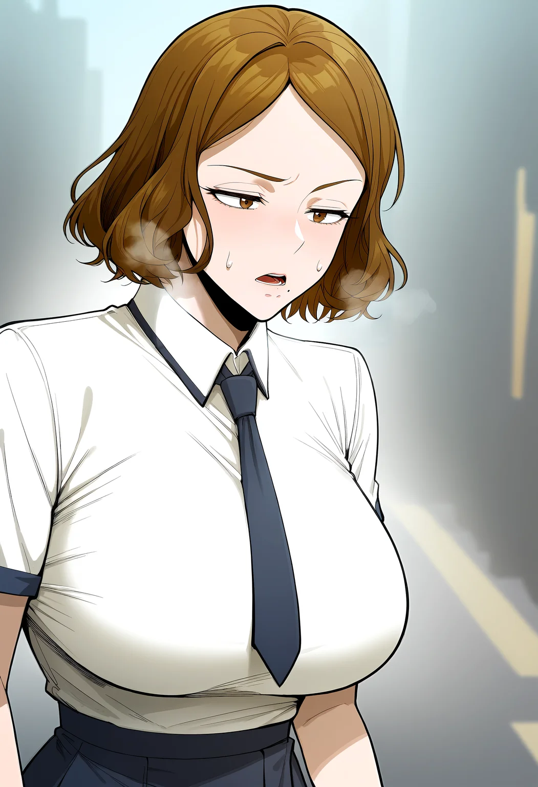 score_9, score_8_up, score_7_up, score_6_up, source_anime, rating_explicit, <lora:neg4all_bdsqlsz_V3.5:2.0>1girl, (solo:1.2), huge breasts, <lora:Kwon Jooheeponyxl:1> brown hair, brown eyes, short hair, mole under mouth, school uniform, white shirt, short sleeves, black skirt, collared shirt, blue necktie, expressionless, half-closed eyes, open mouth, Narrow shoulders, sweat, heavy breathing, steaming body, street, outdoor, (walking:1.1)