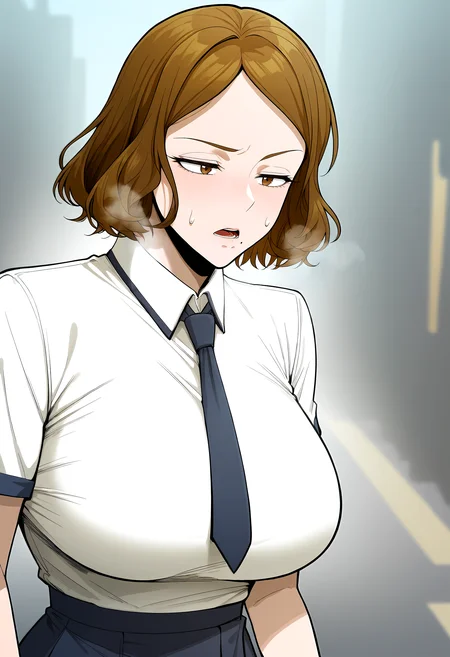 score_9, score_8_up, score_7_up, score_6_up, source_anime, rating_explicit, <lora:neg4all_bdsqlsz_V3.5:2.0>1girl, (solo:1.2), huge breasts, <lora:Kwon Jooheeponyxl:1> brown hair, brown eyes, short hair, mole under mouth, school uniform, white shirt, short sleeves, black skirt, collared shirt, blue necktie, expressionless, half-closed eyes, open mouth, Narrow shoulders, sweat, heavy breathing, steaming body, street, outdoor, (walking:1.1)