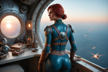 (cl3r1c:0.8), score_9, score_8_up, score_7_up, 1girl, highly detailed, triss_merigold, the_witcher, rear view, contrapposto, spaceport, starship, 3d, <lora:5h4rt:0.8>