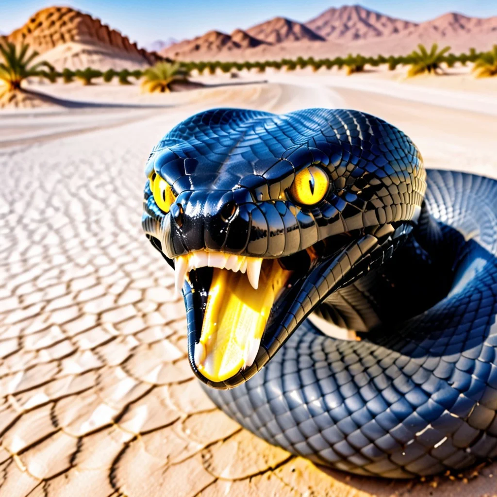 black cobra ,in the desert , with yellow eyes, covered with black scales, bearing its pure white fangs in its open mouth