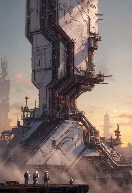 in the style of ck-sfc, detailed photorealistic image,  fractal shaped Artemis Station spaceport megastructure of a Colossal scale in background, white ceramic and gleaming silver metallic surfaces glistening with condensation from the mist, red glowing diodes and lights, large depth of field, sunset, silhouetted, directional lighting, with scientists in spacesuits surrounding it
