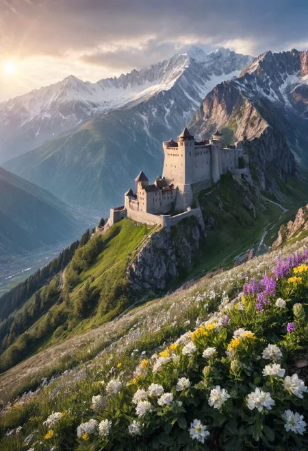 alpine landscape, gloomy old fortress on the slopes of the mountains, flowers and sun, snow-capped mountain peaks in the background, pastoral, detailed drawing, liner, backlight, delicate colors.