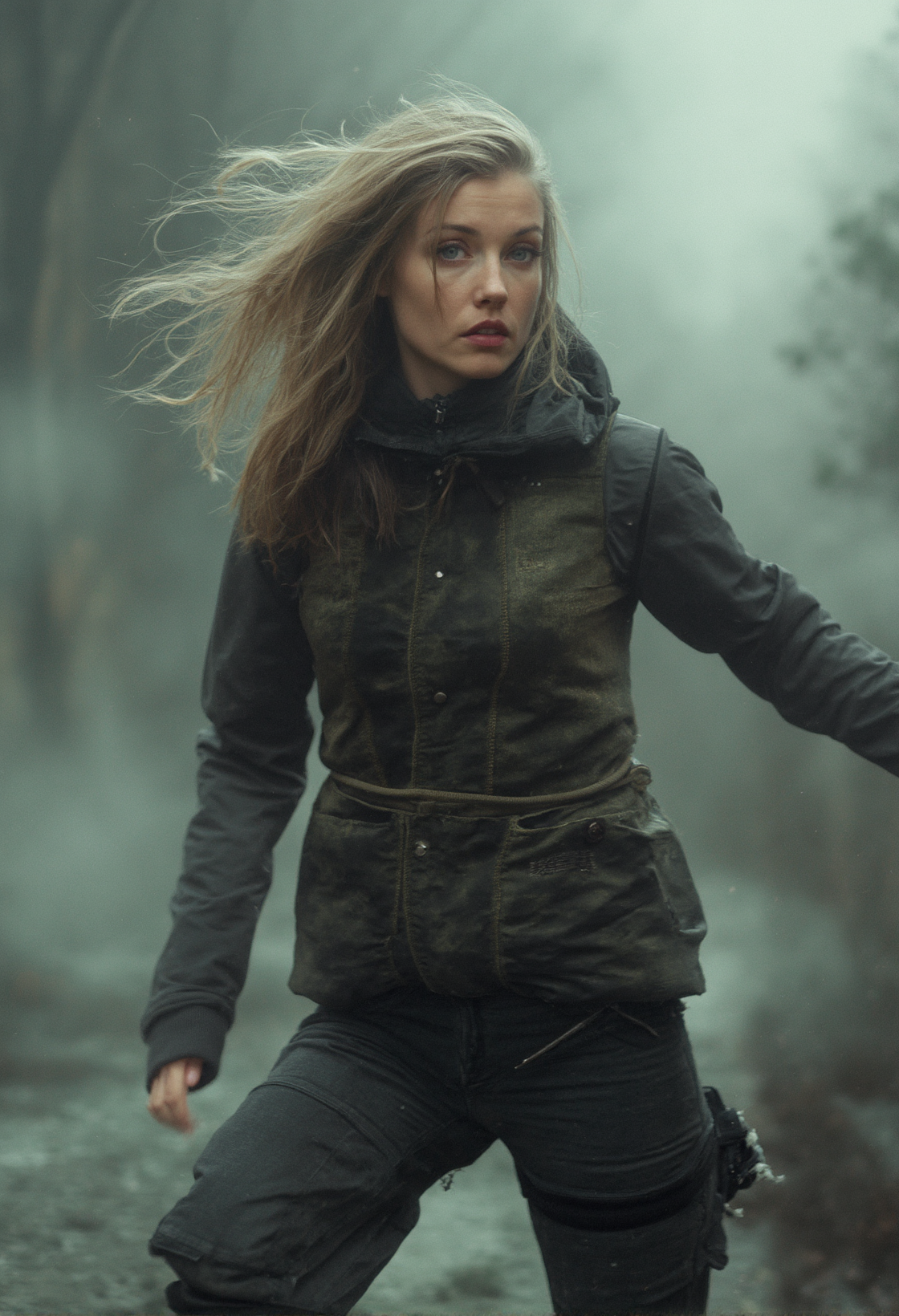a russian  woman   ,(Japanese tech wear:1.4) , style by Rick Remender
 , Motion blur, action,
