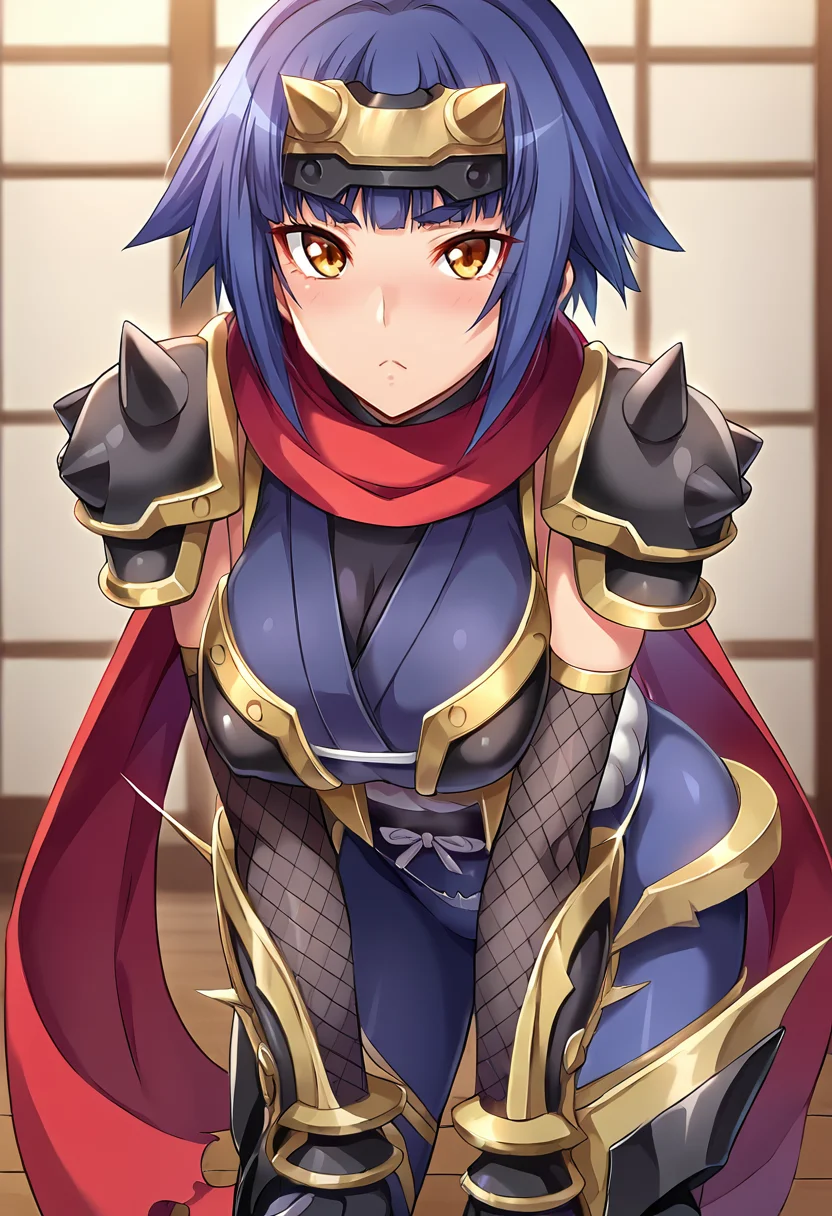 score_9, score_8_up, score_7_up, source_anime, masterpiece BREAK ct_k4guya, blue hair, short hair, large breasts, forehead protector, red scarf, blue bodysuit, armor, obi, shoulder armor, fishnets, elbow gloves, vambraces, greaves, looking at viewer, indoors, wooden floor, cowboy shot, leaning forward, <lora:Kaguya_OnnaKanbu_Pony_ct:0.9>
