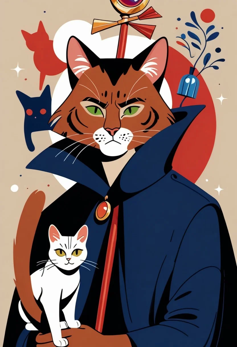 score_9, score_8_up, score_7_up, solo, 1 cat, easynegative, catman, staff, memphis corporate design, flat art, flat coloring, simple, vector art, corporate art, cel shading, cel shaded, Vector Cartoon Illustration, cat, catman, man with cat head, red furr cat, red furr, dark blue mantle, beige backgound,