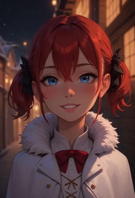 score_9, score_8_up, score_7_up, score_6_up, 
1girl, 25 years old, perfect face, cute, petite,
blue eyes, 
red hair, short hair, short twintails, hair between eyes, hair bow, 
fur trim, fur capelet, white coat dress, fur-trimmed dress, red bow, 
blush, shy smile, portrait, face focus, depth of field, looking at viewer, 
snowing, winter, village,